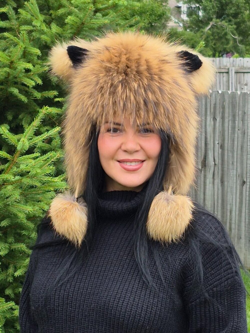 Real Raccoon Fur Hat with Ears and Pompoms, Luxury Fluffy Winter Hood